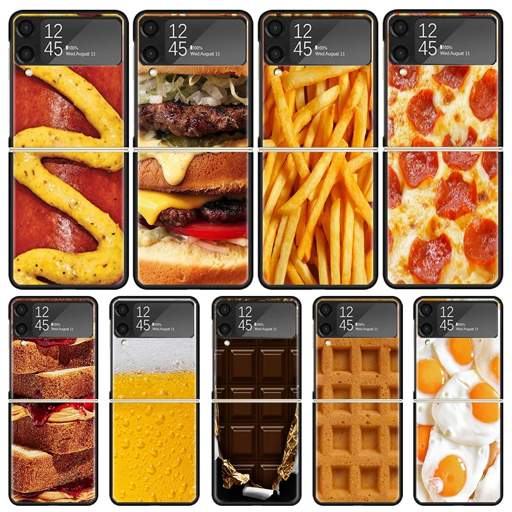 Food French Fries Beer Cheese Phone Case for Samsung Galaxy Z Flip3 5G Flip4 Flip5 Black Hard Cover Z Flip 5 4 3 PC Shell Zflip3