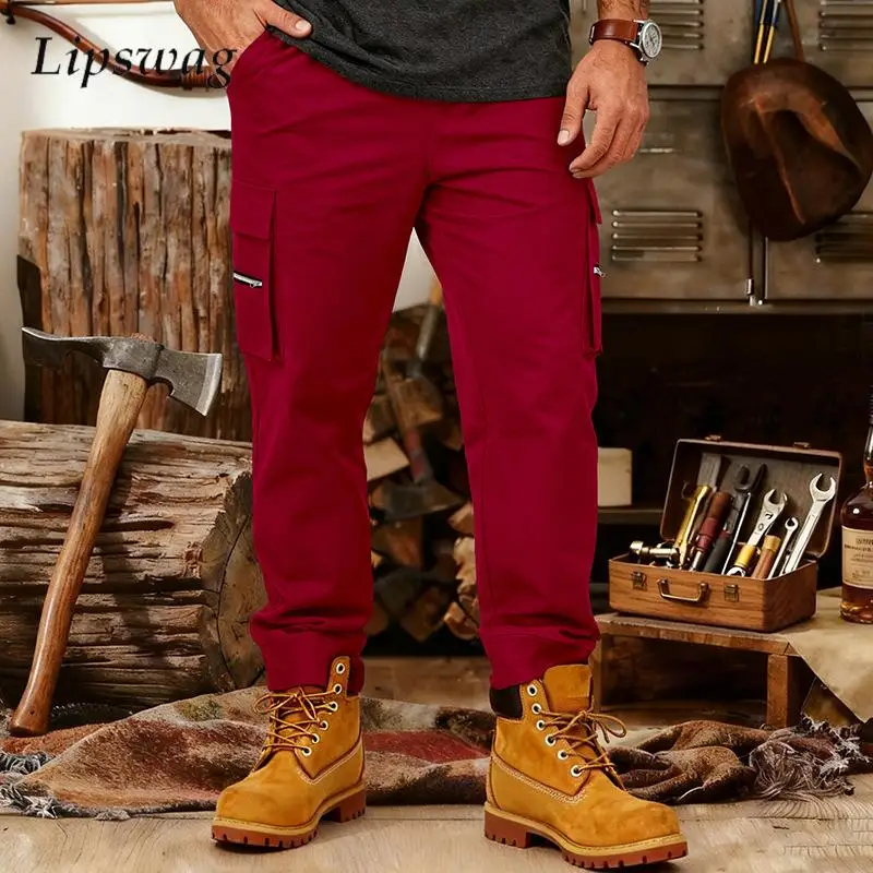 

Spring Autumn Casual Multi Pocket Cargo Pants Men Vintage Solid Color Patchwork Sweatpants Mens Fashion Drawstring Trousers