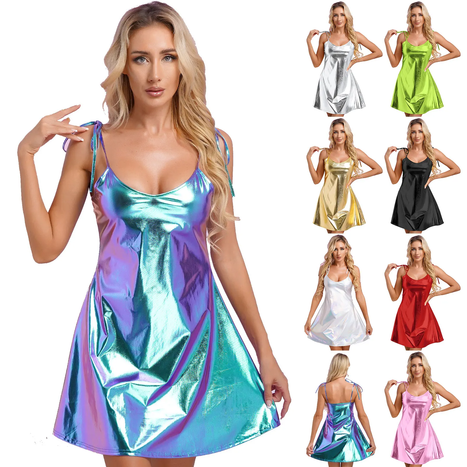 Womens Metallic Shiny Camisole Dress Tie Straps A-Line Mini Slip Dress Nightclub Dance Party Wear Sleeveless Dress