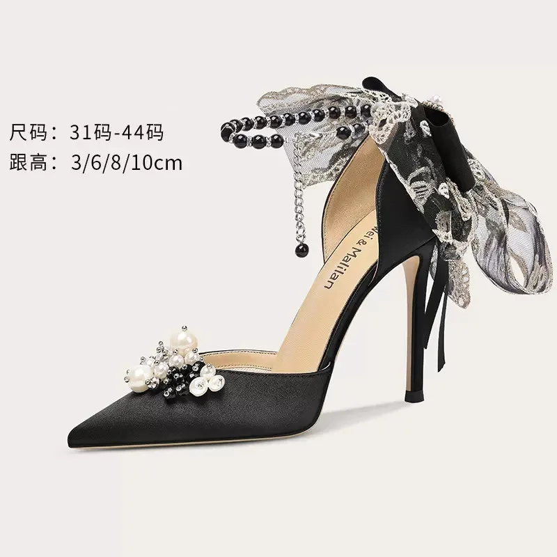 Spring and Summer New Lolita Silk Face Lace Bow Pearl Sandals Slim High Heels Banquet Dress Large and Small Women's Single Shoes