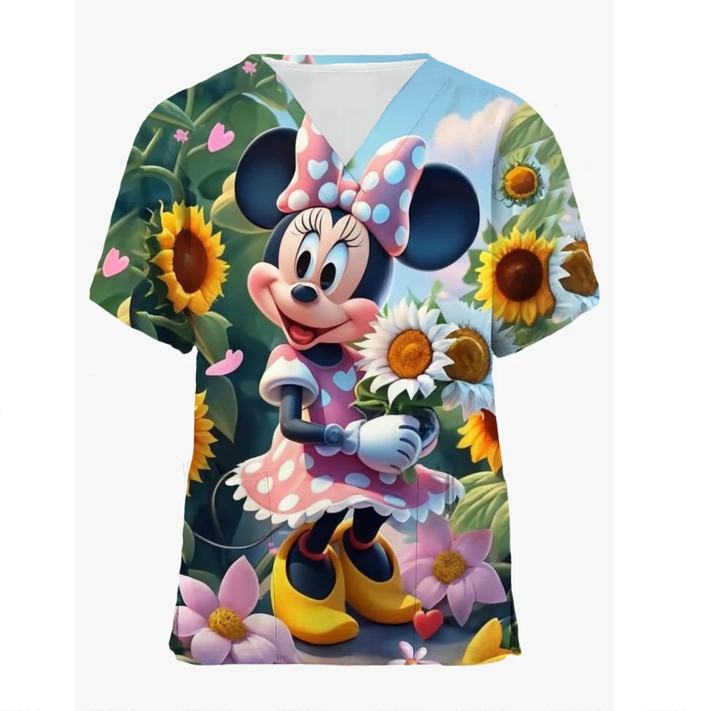 2024 Disney Pocket Hospital Woman Clothes Nurse Uniform Tees Women\'s T-shirts Mickey Top Women V Neck T-shirt Minnie Mouse Tops