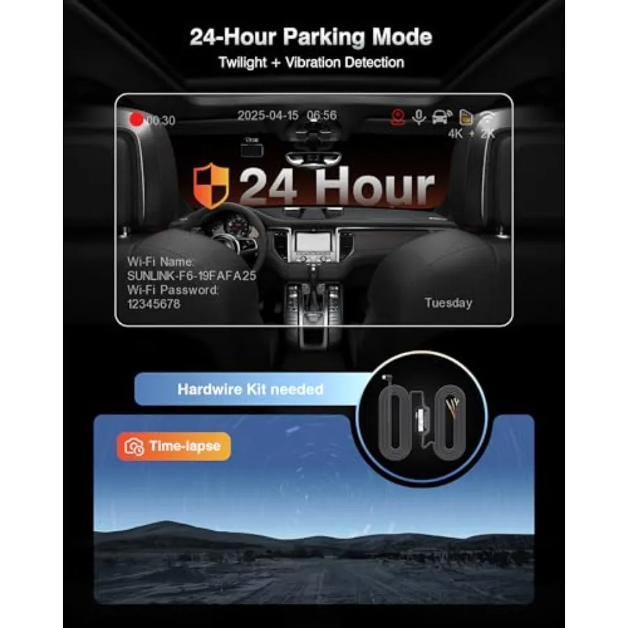 4K Dash Cam Front and Rear with GPS for cars, 160 wide angle, night vision, WDR, 24H parking monitor, emergency lock, 3 IPS scr view 6