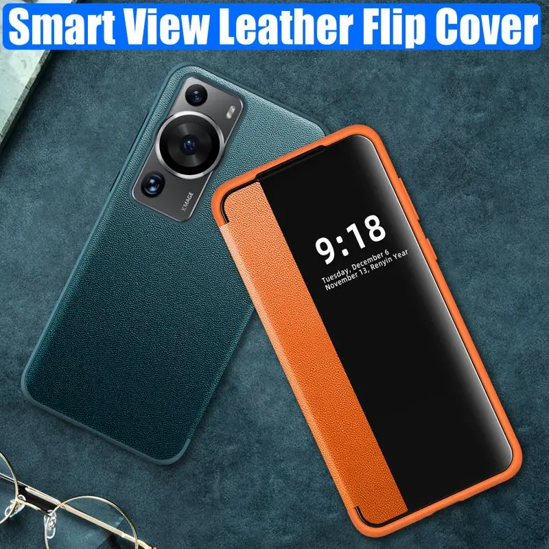 Fashion Smart View Leather Flip Cover Case For Huawei P60 Pro P50 P40 P30 Window Cover Smart Wake Close Sleep Call ID Display