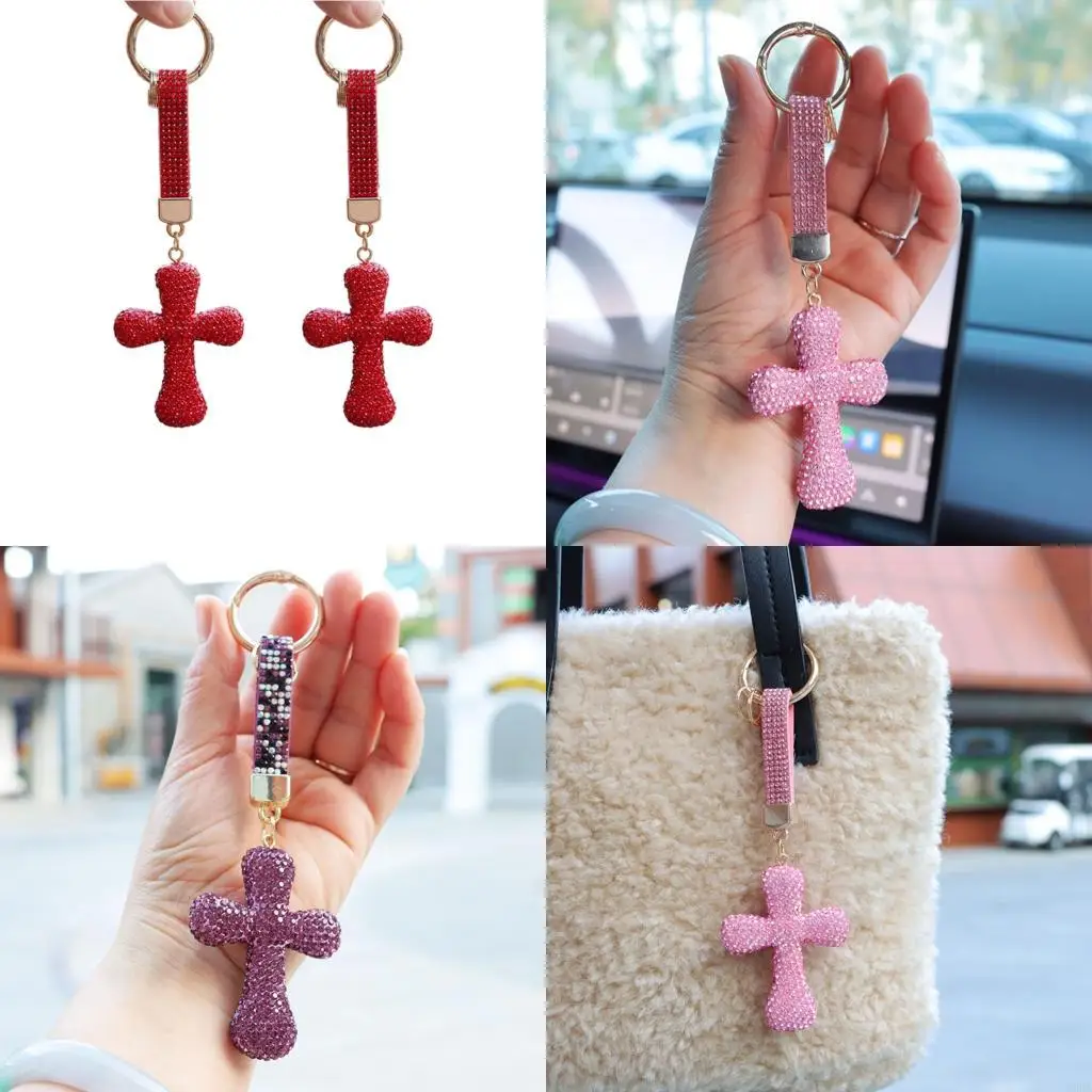

Rhinestones Crosses Keychain for Women Girl Car Rings Handbag Purse Backpacks Pendant Charm Religious Jewelry Gift