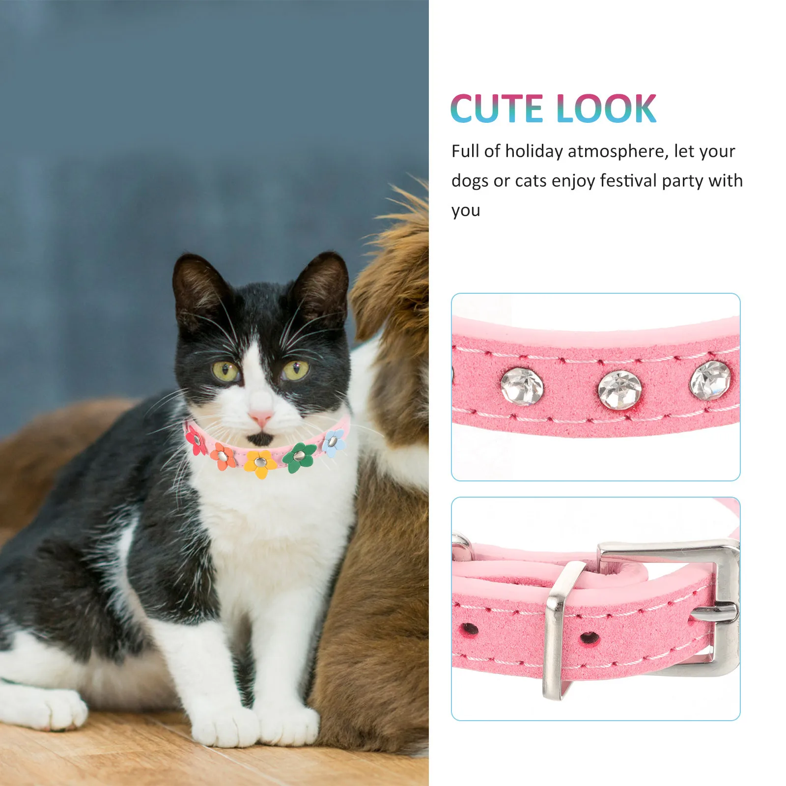 

Rhinestone Dog Collar Adjustable PU Pet Necklace Stylish Decorative Festival Collar for Small Puppies Cats
