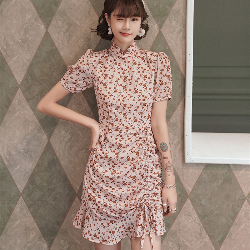 

Floral Printed Chinese Style Loose Chiffon Cheongsam Womens Improve Qipao Dress Vintage Ladies Qi Pao Party Dresses 05