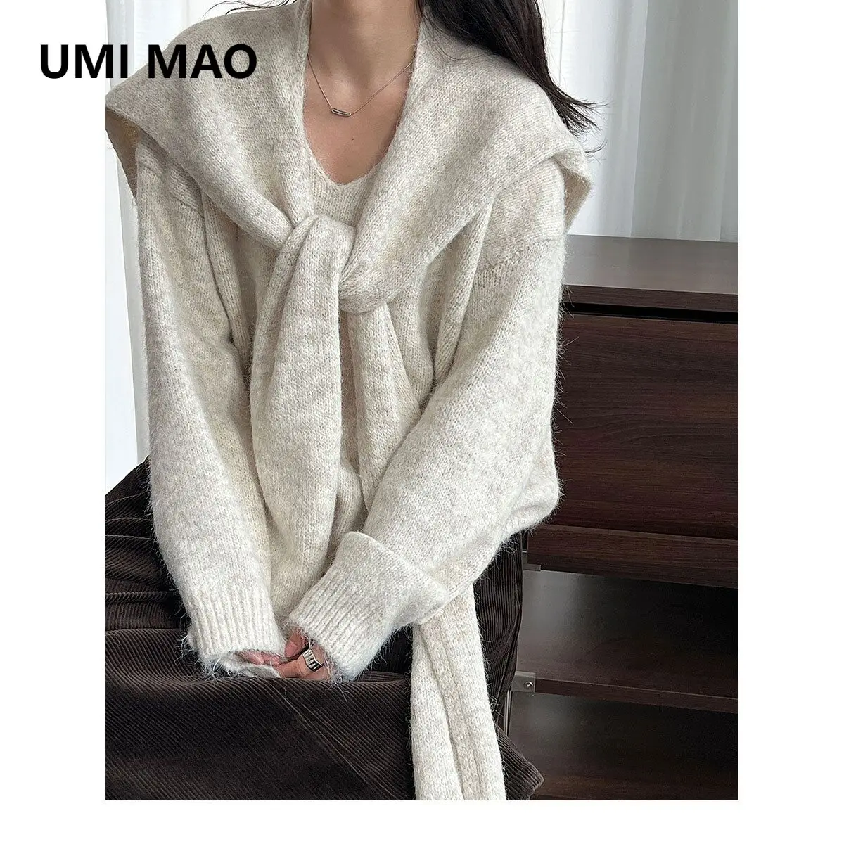

UMI MAO Lazy Style Shawl Sweater Two-Piece Set Women Casual Autumn Winter New Long Sleeve Knitted Loose Top Femme