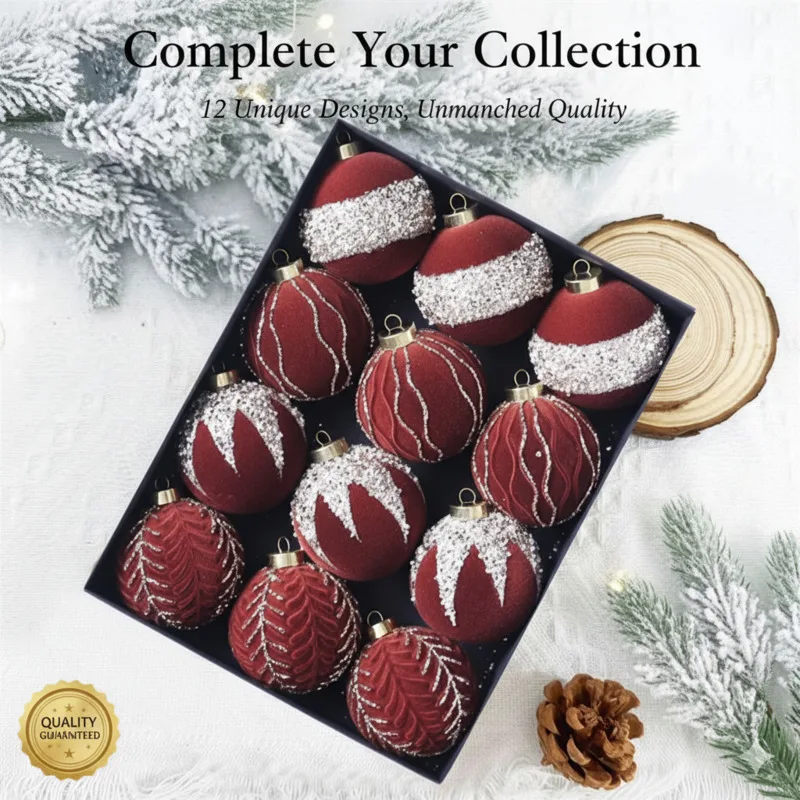 

12Pcs Velvet 8cm Christmas Baubles Christmas Ornaments Colorful Rhinestones Gift Box Set Window Display Xmas Holiday Decorations