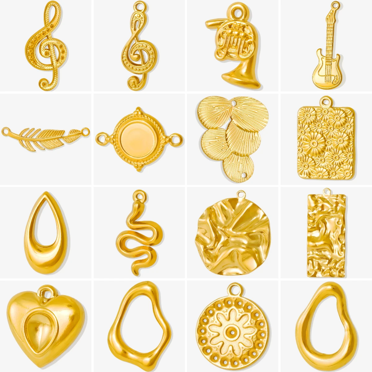 10pcs/lot Gold Plated Musical Notes Horn Guitar Leaf Snake Geometry Pendant Stainless Steel Charms DIY Necklace Jewelry Findings