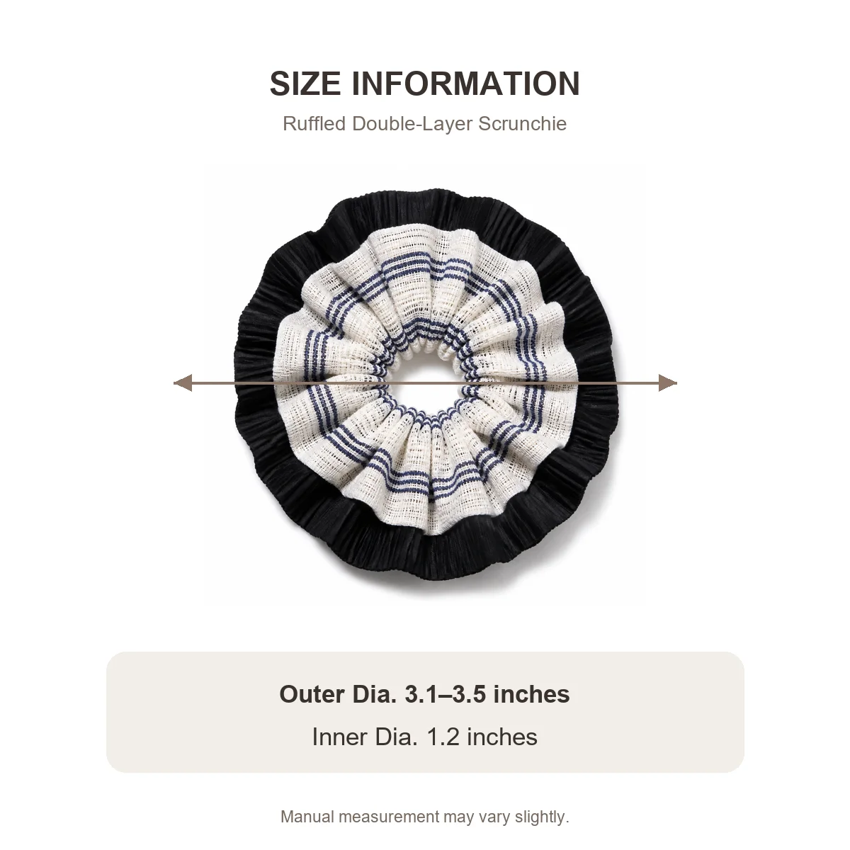 Warm White Navy Stripe Black Pleated Ruffled Double-Layer Hair Scrunchie for Ponytails and Buns