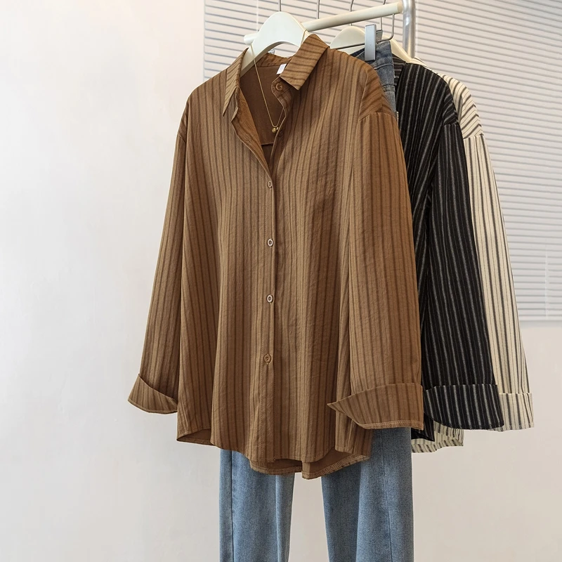 Осень 2023, новые женские рубашки больших размеров, свободные полосатые винтажные повседневные женские топы с принтом, одежда с длинными рукавами KN4279