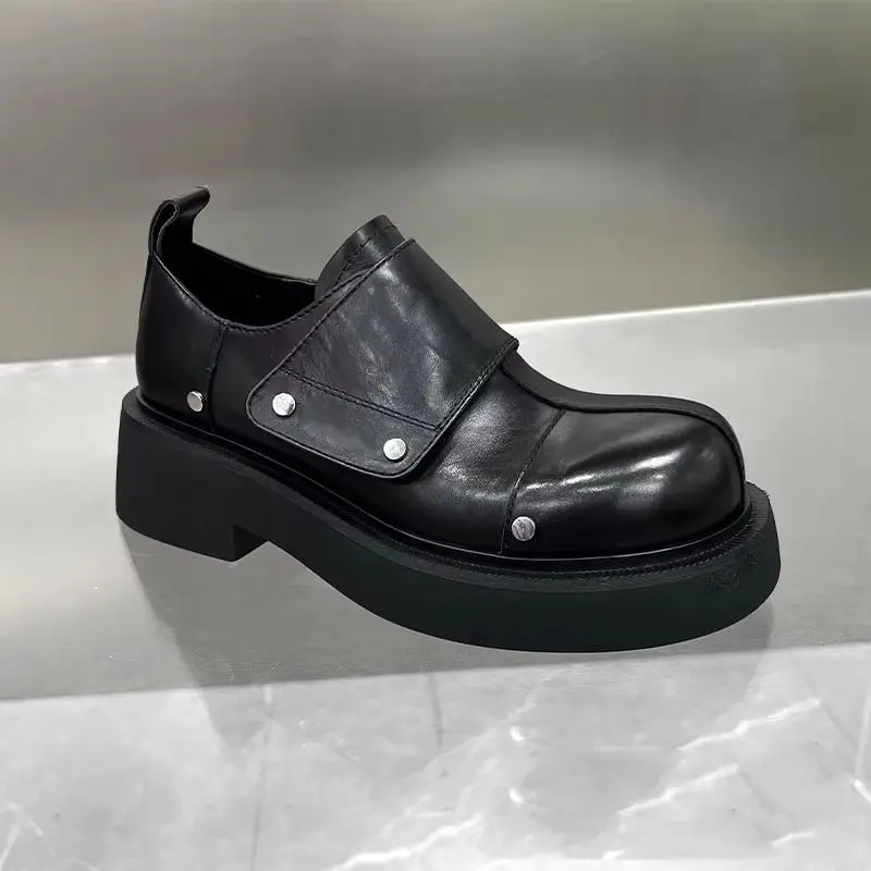 

2026 Big Head Men's British Commuting One-pedal Platform Leather Advanced Sense of Inner Height Increase Casual Derby Shoes