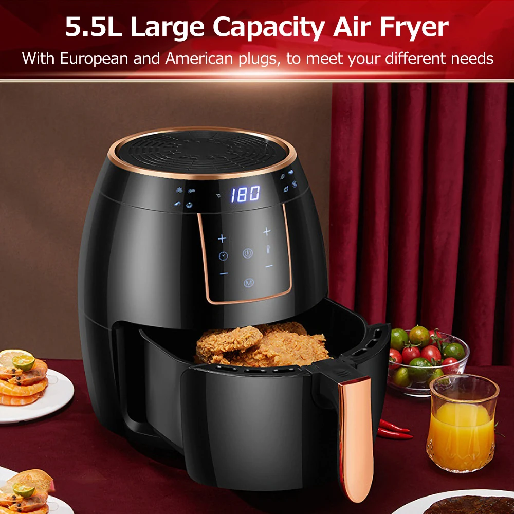 Air Fryer 5.5L Household Large Capacity 1300W Big Firepower Timing Touch Screen LCD Electric Air Fryer with Bakeware