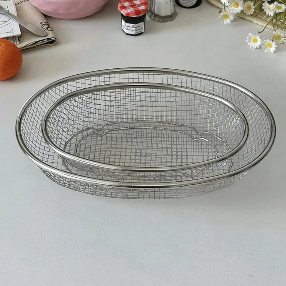 Portable Stainless Steel Fruit Basket Oval Large Capacity Vegetable Draining Basket Desktop Storage Basket