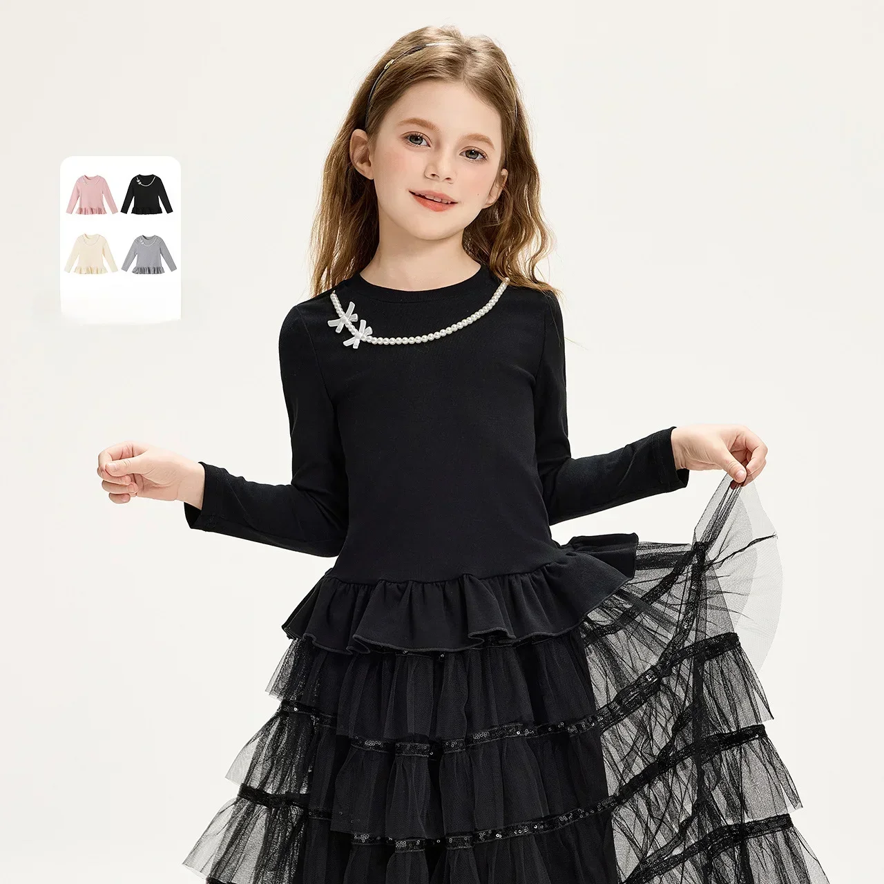 

2024 Autumn New Girls Undershirt Black Elegant Ruffle Long Sleeve Tops for Kids Clothes 4 To 14 Years Teenager Children T-shirt