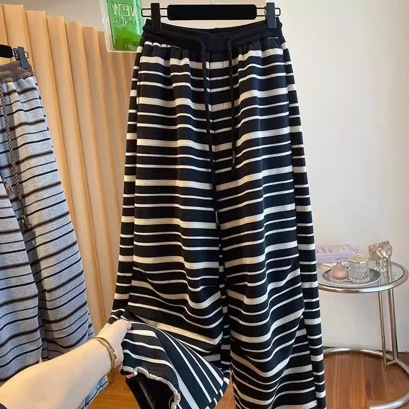 

plus Size Men Women Thiened Fce Wide Leg Casual Pants Autumn Winter High Waist Straight Tube Trousers Bla White Stripes