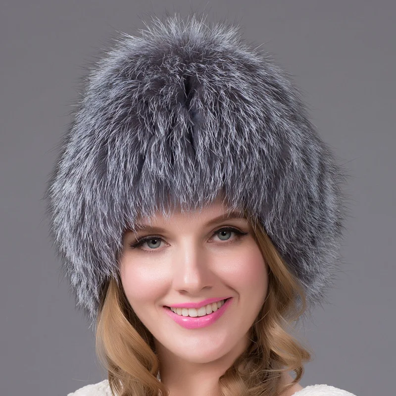 

High quality silver fox fur knitted hat warm fur hat fashionable fox fur ear protection winter new European and American style