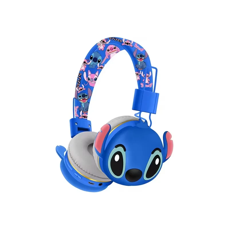 Headphone Bluetooth Anime Kartun Stitch Disney Ah-906 Earbud Nirkabel Suara Hifi Headset Lipat dengan Mikrofon Hadiah Anak-anak Kawaii