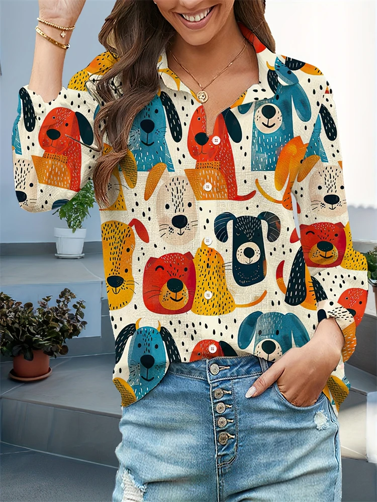 New Women's Shirts Bird Print Long Sleeve Shirt Loose Casual Fashion Shirt Large Size Women's Lapel Temperament Shirt