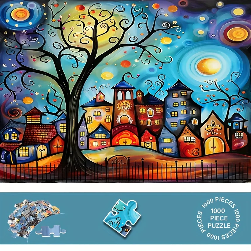 

Мини-пазл из 1000 предметов для взрослых, мультяшный город, экологически чистый бумажный рождественский подарок, 14,96x10,24 дюйма/38x26 см