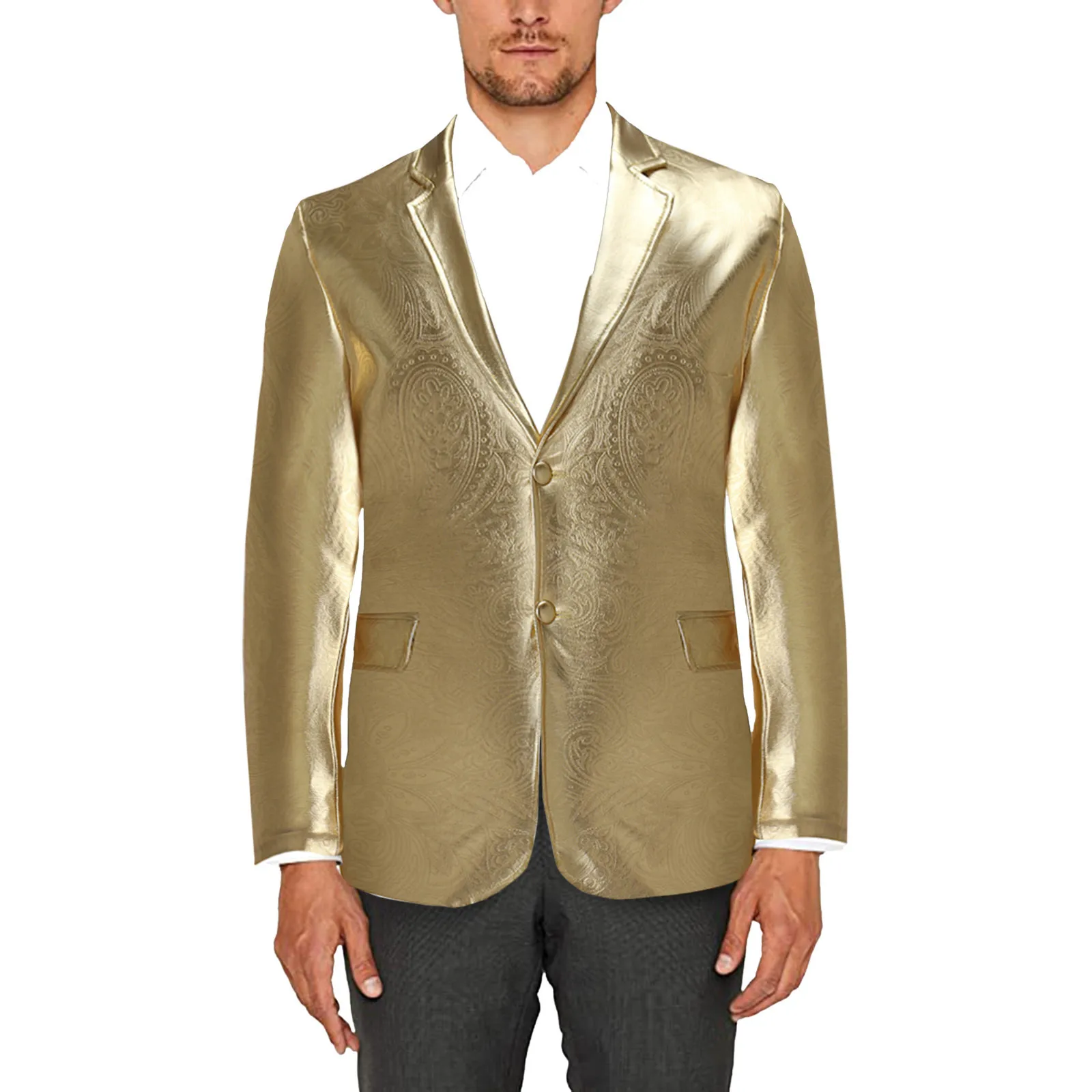 Men Paisley Blazer Shiny Gold black Silver PU Leather Metallic Jackets coat Party Stage Nightclub singer dancer Costume Blazers