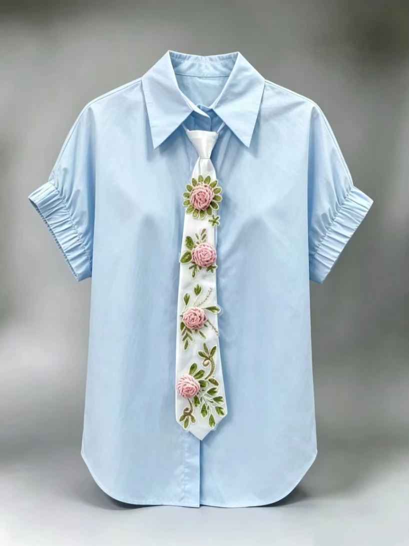 Sweet Chic Cotton Short Sleeve Shirts Blouses with Flowers Tie Womens Girls Trend Fashion Casual Shirt Top Woman Clothes