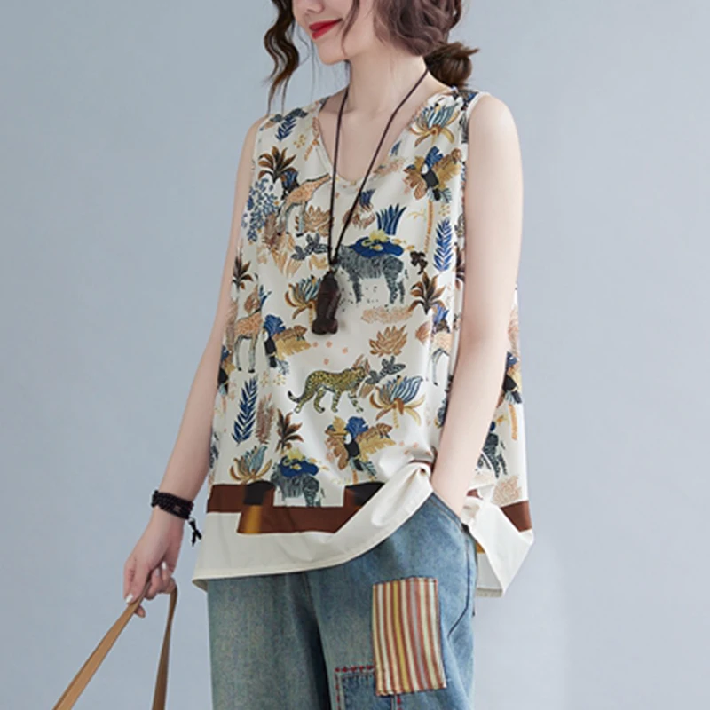 Groot formaat katoenen linnen bedrukt vest Svel V-Ne buikverhullende anti-aging basis irt losse pasvorm zomertop voor plus S...