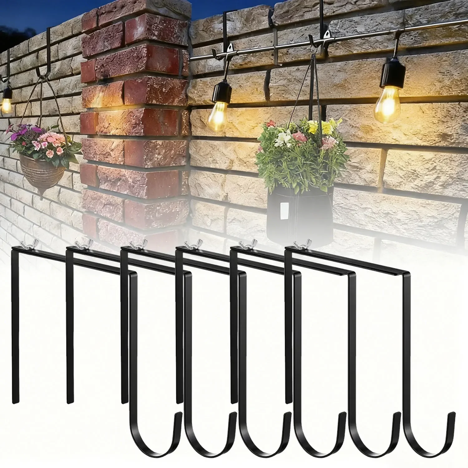 6Pcs Metal No Drill String Light Hangers Wall-Mounted Hook Flower Pot Holder Adjustable Outdoor Light String Hooks Stand