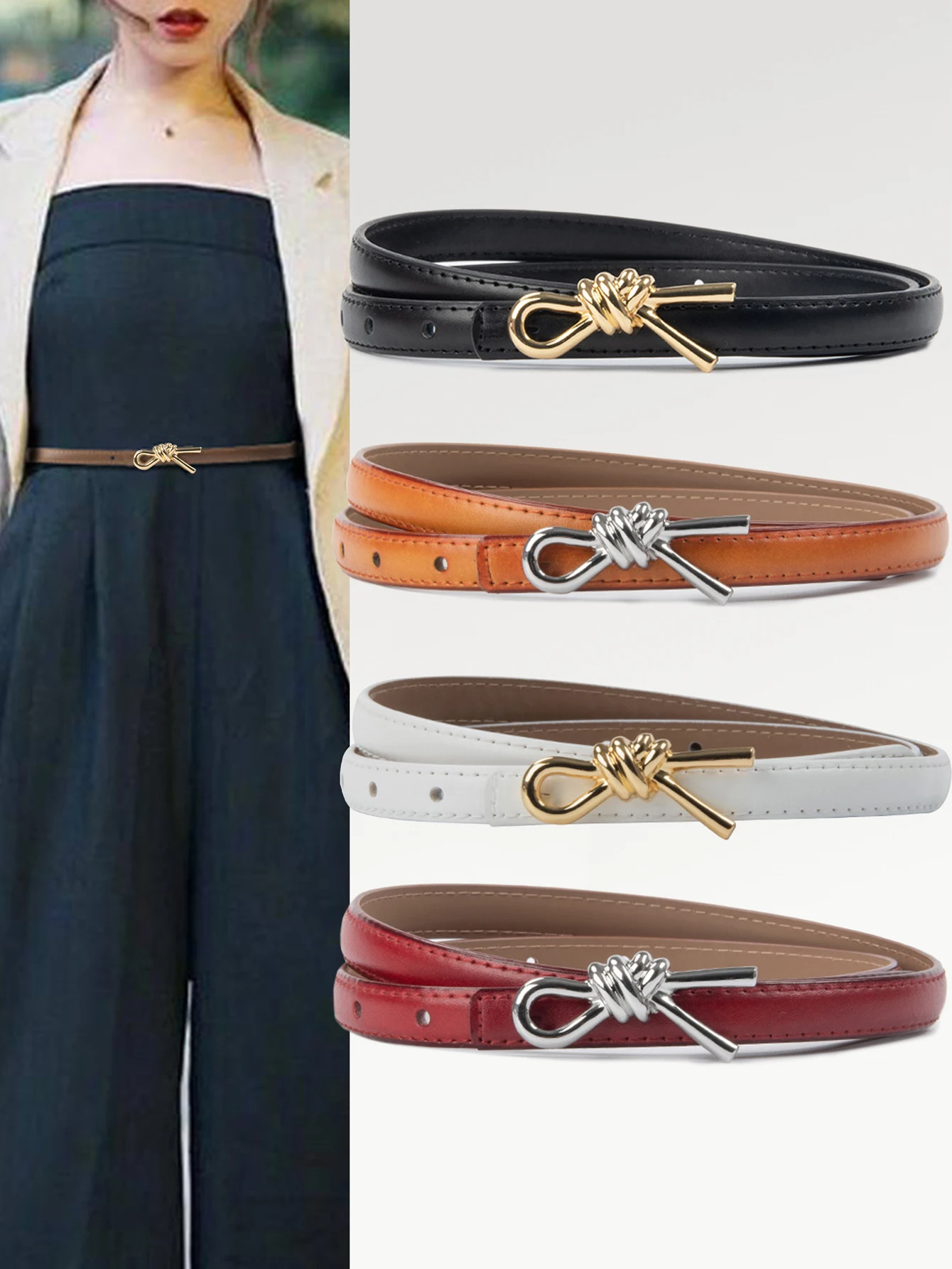 

1.4cm New Unique Silver buckle Genuine Leather Gold Belt Women Fashion Business Cowskin Thin Belts Female Jeans Dress Waistband