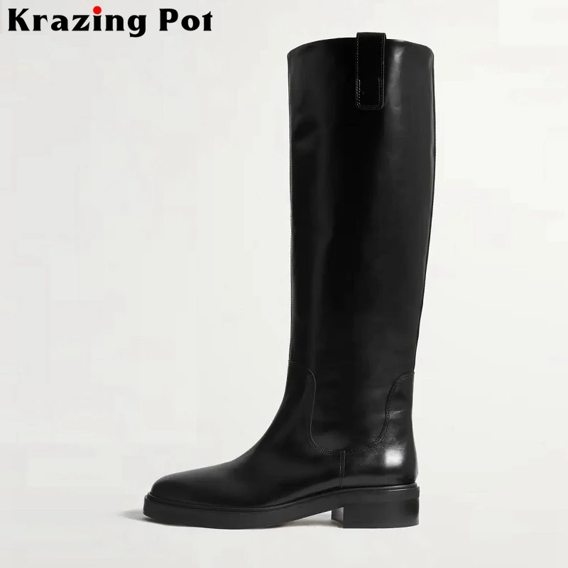 

Krazing Pot Cow Leather Big Size 44 45 Round Toe Med Heels Classics Equestrian Long Boots Slip On Winter Brand Knee-high Boots