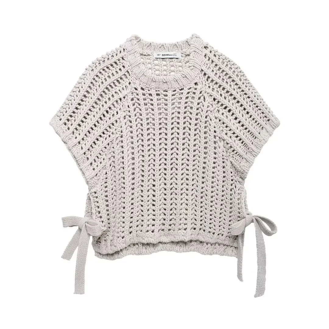 

Hollow Out Knit Pullover Women Casual Round Neck Lace Up Bow Sweater Female Autumn Short Sleeves Solid Knitwears Lady