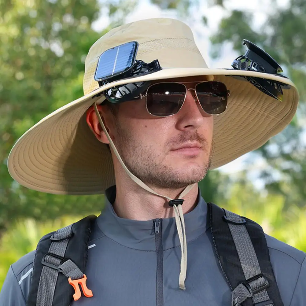 Camping Hat with Solar Fan Solar Rechargeable Fisherman Hat with Dual Fans Upf 50 Wide Brim Sun Protection Hat for Fishing