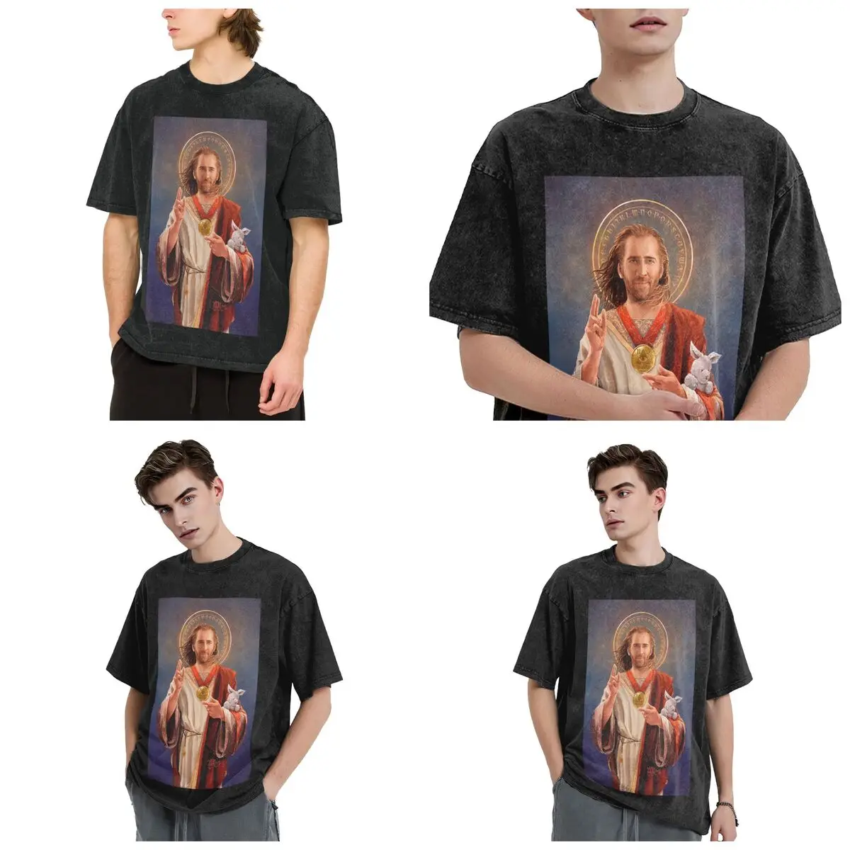 Streetwear T-Shirts Nicolas Cage, Saint Nicolas Of Cage Washed T Shirt Short Sleeve Hip Hop T-Shirt Tops Tees for Men Women