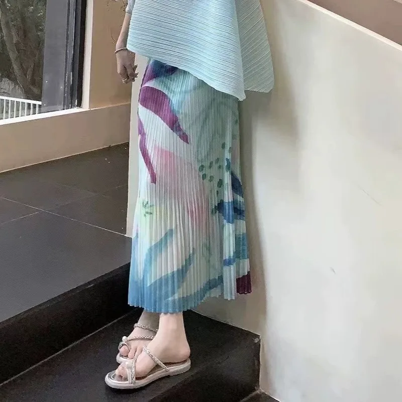 Miyake Pleated Printed Skirt 2026 High-end Jupe Spring Summer New Fashion Age-reducing Printed Fishtail Skirt Women's Clothing