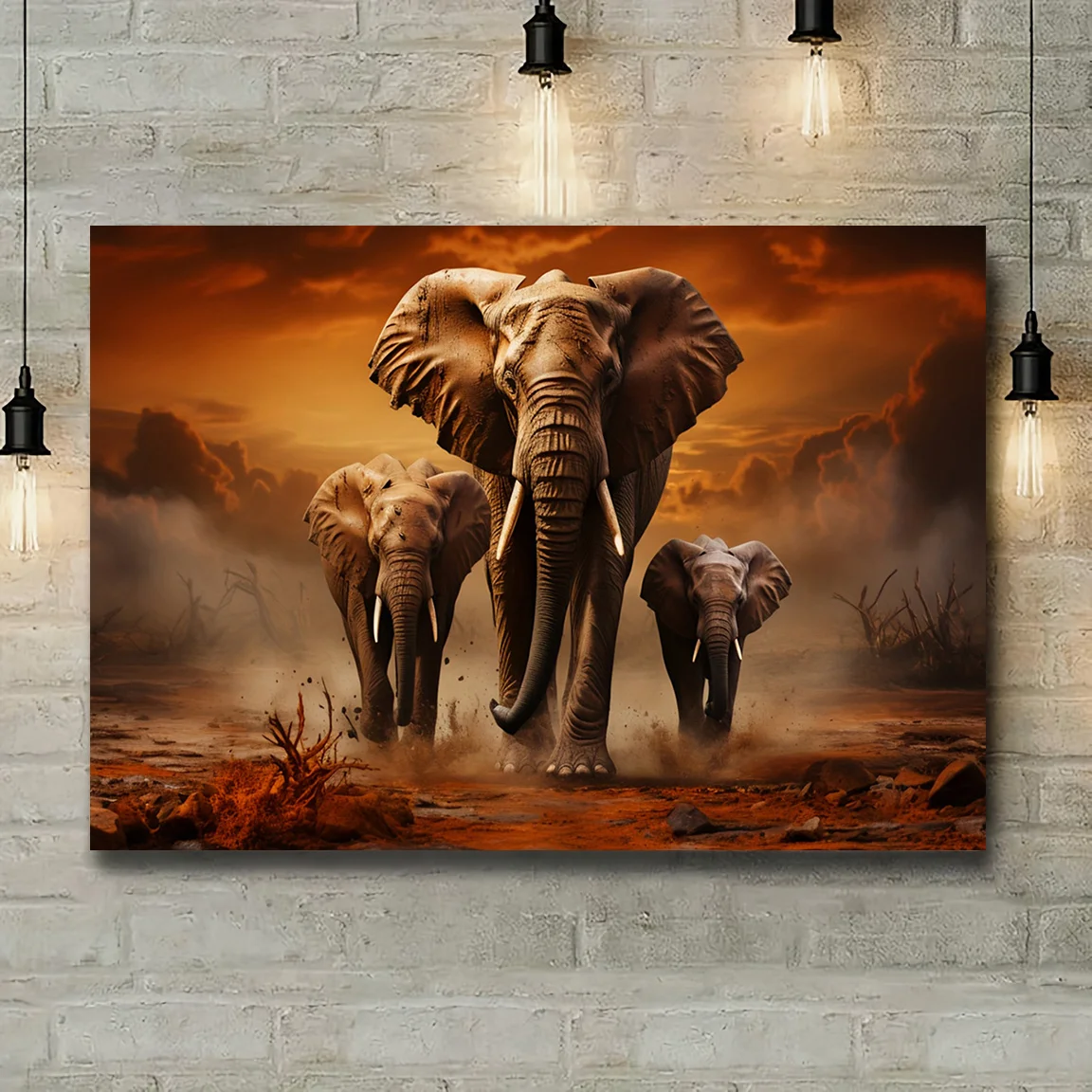1pc Wild Elephant Canvas Art Print - Frameless Wall Decor with Striking Orange Sky & Dramatic Scene