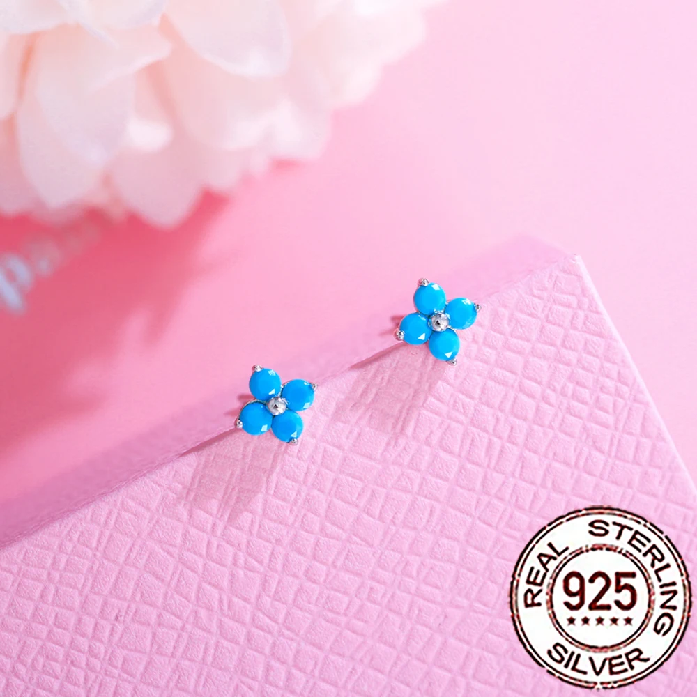 CWWZircons Mini-Piercing-Ohrringe aus 925er-Sterlingsilber, niedliche Blatt-Blume, blau, türkis, für Damen, Hochzeit, Party, edler Schmuck SE075 – Detail 10
