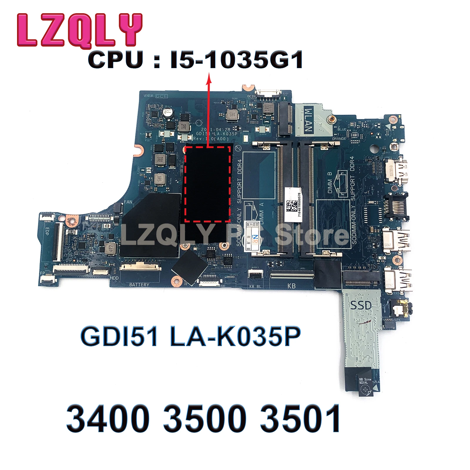 FOR Dell Inspiron 3400 3500 3501 Laptop Motherboard I5-1035G1 CPU GDI51 LA-K035P 0DT41 CN-0P80C0 Mainboard Full Test