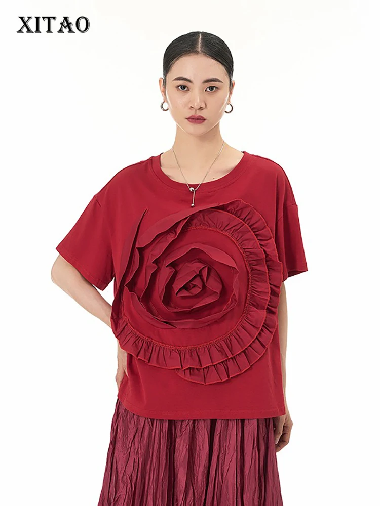 

XITAO Three-dimensional Decoration T-shirts O-neck Solid Color Short Sleeve Loose Slimming Tops 2024 Summer New Casual ZY8714