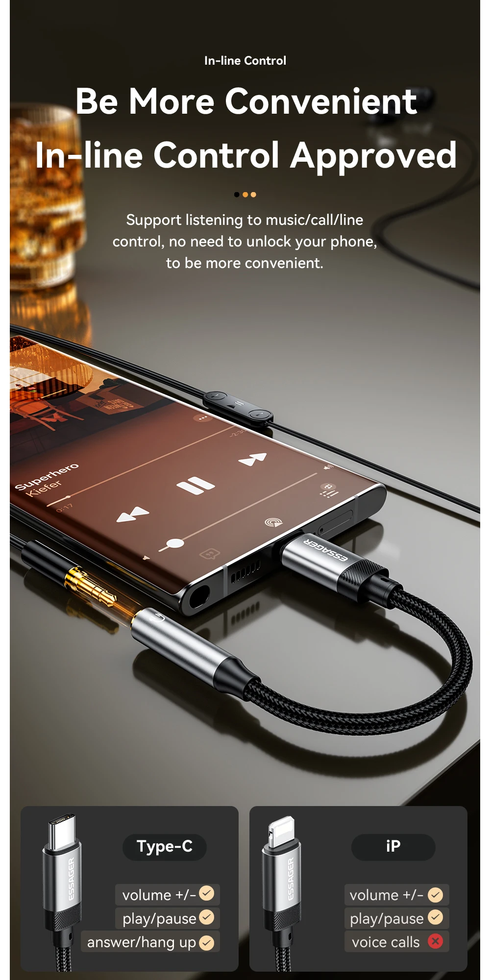 Essager Typ-C-auf-3,5-mm-Klinken-AUX-Kabel für iPhone 15, Samsung, MacBook, Lighting-auf-3,5-mm-Kopfhörer-Audioadapter für iPhone 14, 13 – Detail 6