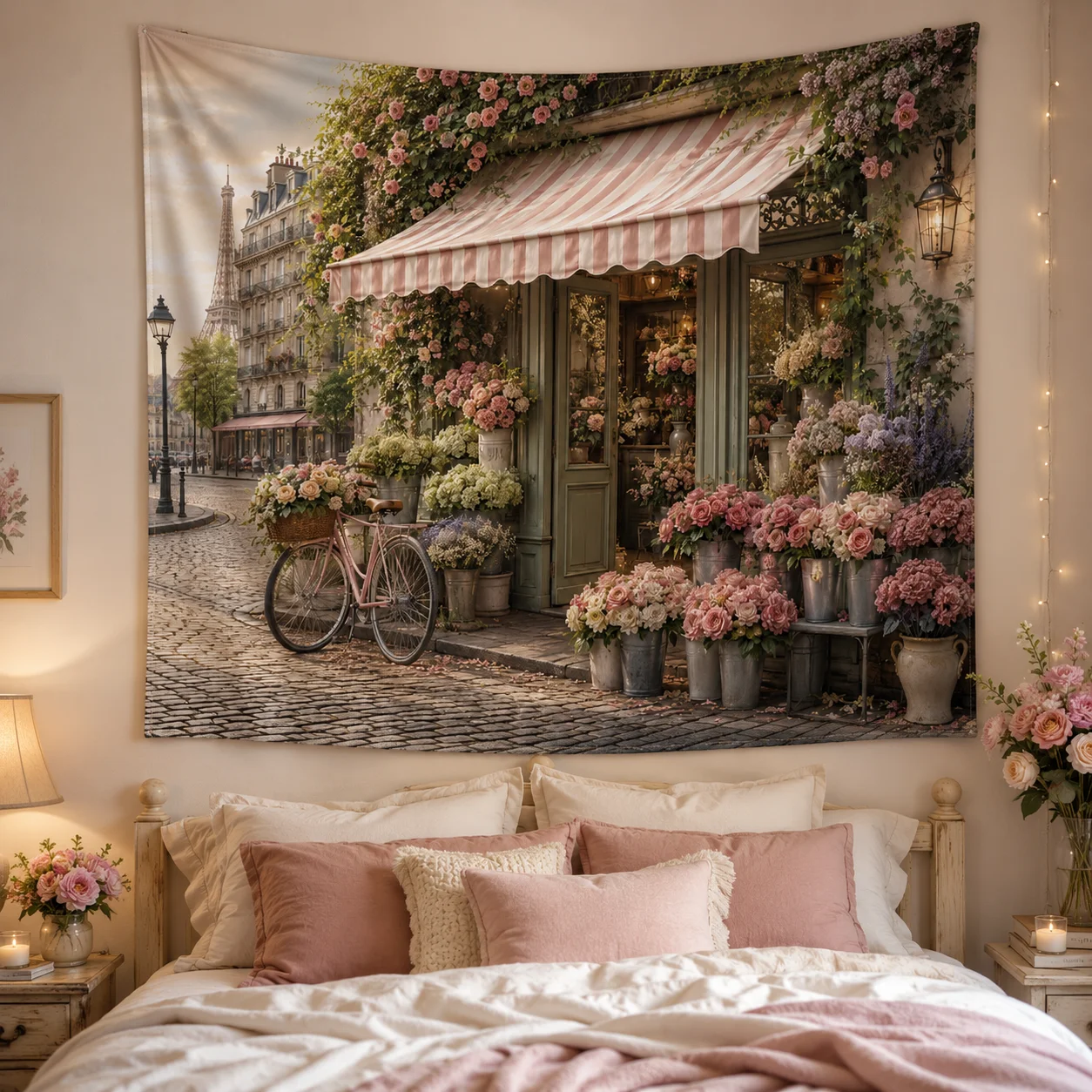 Paris Flower Shop Tapestry Eiffel Tower Vintage Bicycle Floral Street Wall Hanging