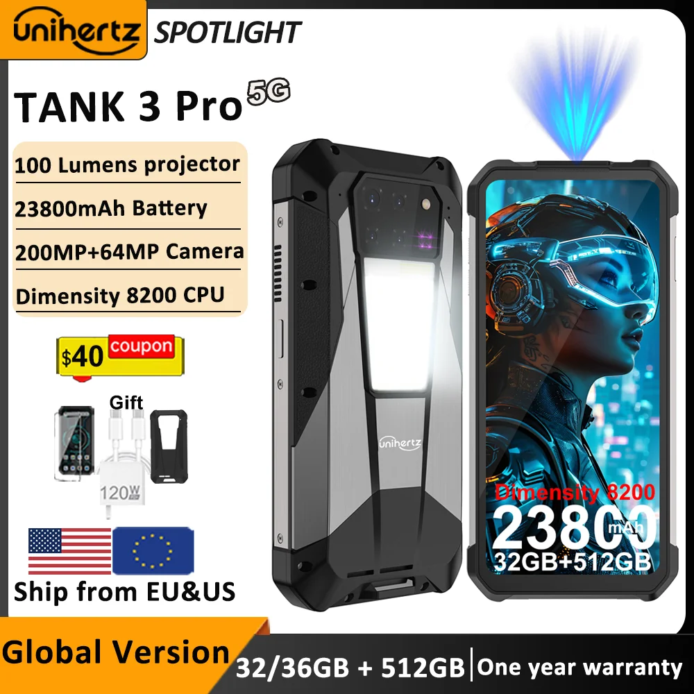 US EU MX Warehouse Unihertz Tank 3 Pro 8849 with 100 Lumens 5G Projector phone,32GB/36GB RAM,512GB ROM,23800mAh 120W,200MP, NFC