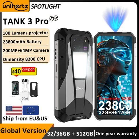 Magazzino US EU MX Unihertz Tank 3 Pro 8849 con telefono proiettore 5G da 100 lumen, 32 GB/36 GB di RAM, 512 GB di ROM, 23800 mAh 120 W, 200 MP, NFC