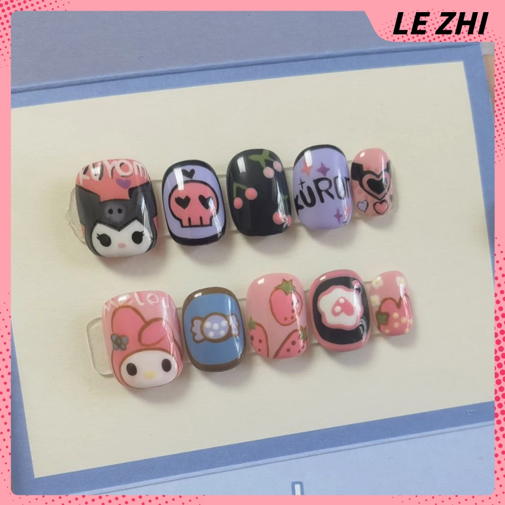 Cute Sanrio My Melody Pochacco Pom Pom Purin Short Round Square Press On Nails Cartoon Anime Bunny Frog Artifical False Nail