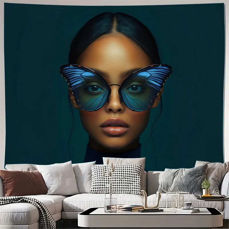 Modern Aesthetic Tapestry Wall Art Butterfly Sunglasses Woman Portrait Print Blue Pop Decor Home Decoration Room Hanging Canvas