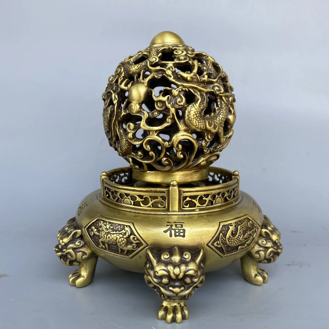 

7"Tibetan Temple Collection Old Brass Dragon pattern hollowed Out ball Beast Base every dog has his day Amass wealth Ornaments