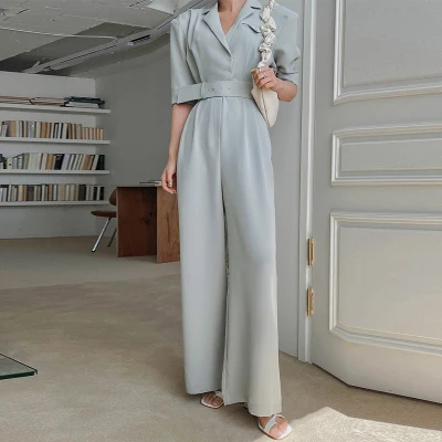 Long Wide Leg Suit Onesie Women's Summer Loose Slimming Chic Casual Drapey Straight Cut Pants High Waist Jumpsuit