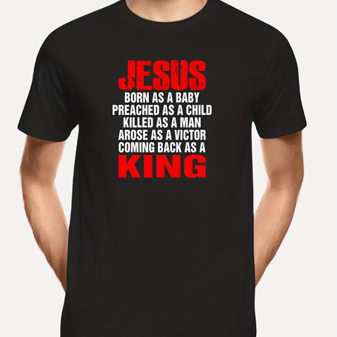 Camiseta con gráfico inspirador de Jesús, 100% algodón, camiseta con mensaje religioso atrevido, nacido como bebé, precada como un niño asado como hombre