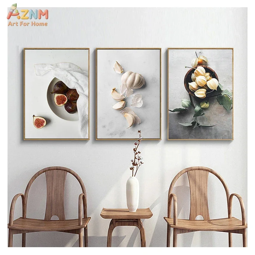 AZNM Kitchen Food Still Life Canvas Print, Fig Garment Physalis Minimalist Food Photography Unframed Canvas Painting, Dining Roo view 2