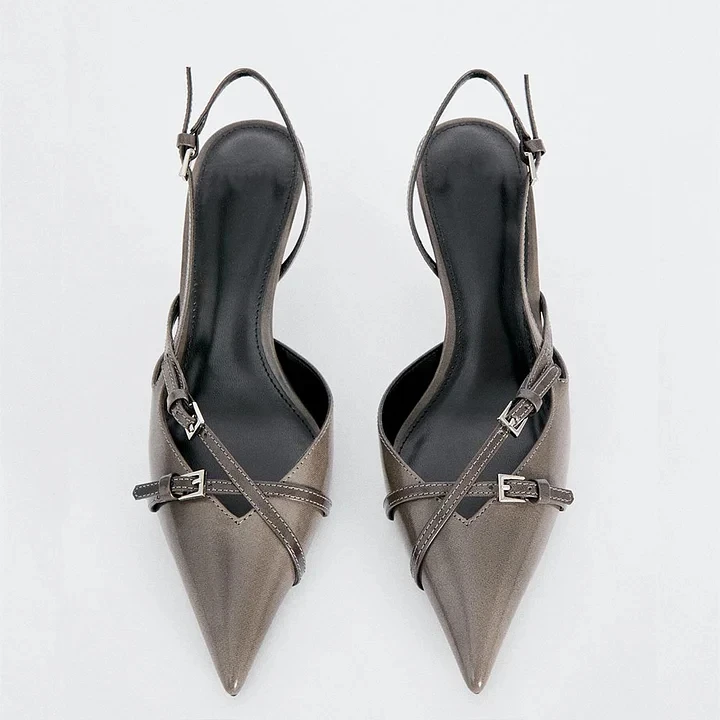 Dark Grey Pointed Toe Sandals Buckle Kitten Heel Slingback Pumps Cross Straps Buckle Fashion Women Summer Classic Dress Shoes