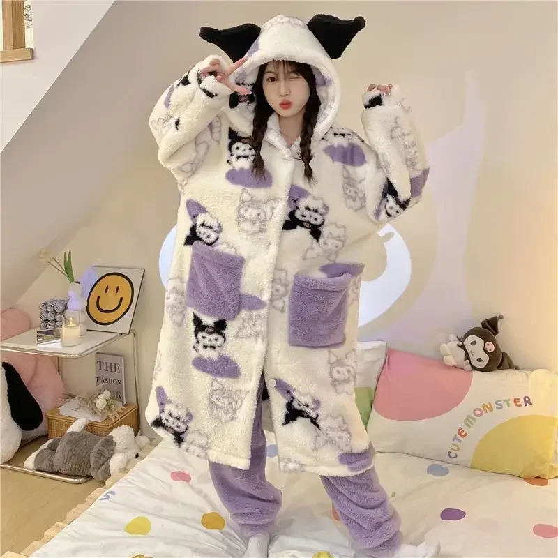 

MINISO Kuromi Anime Kawaii Long Sleeve Jacket Pajamas Cute Cartoon Kuromi Winter Coral Velvet Thick Hooded Homewear Clothing Toy